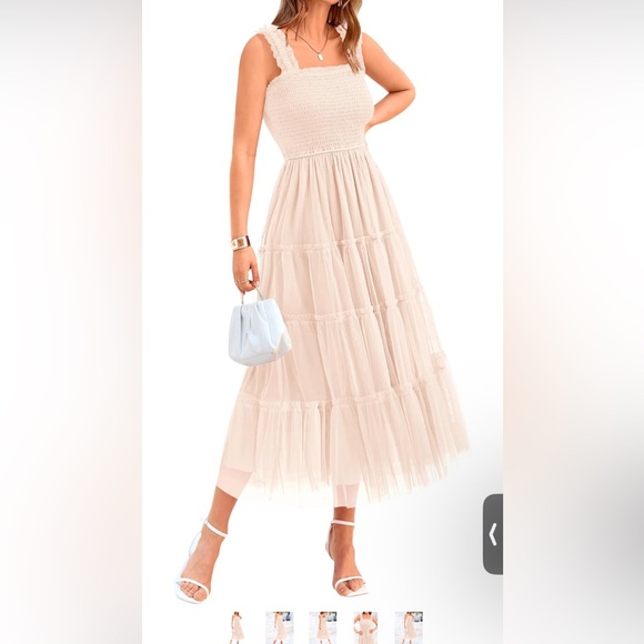 BTFBM‎ Women’s Elegant Summer Midi Dress M Beige Smocked Tulle Ruffle NWT - Picture 1 of 6